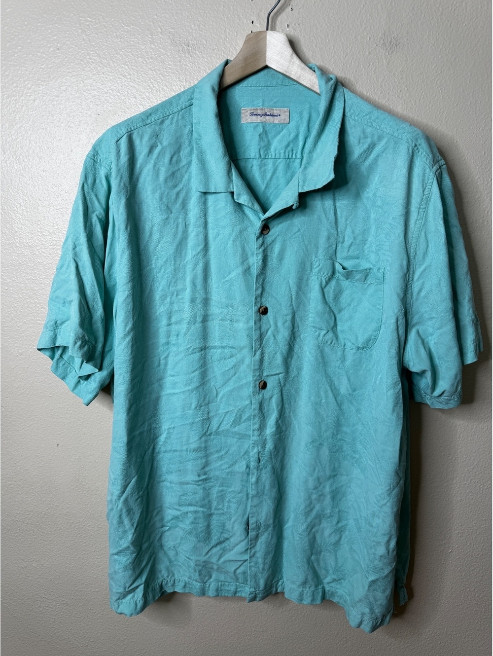 Tommy Bahama Mens 3XL Silk Camp Shirt Aqua Blue Jacquard Short Sleeve